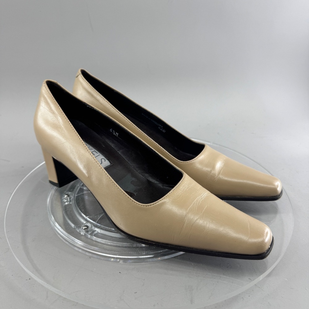 Nickels Womens Leather Square Toe Block Heel Pumps Tan Beige Size 6.5M